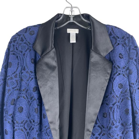 Chico's Lace Open Front Blazer Jacket Satin Lapel Blue Black Size 2/ L - Picture 2 of 7